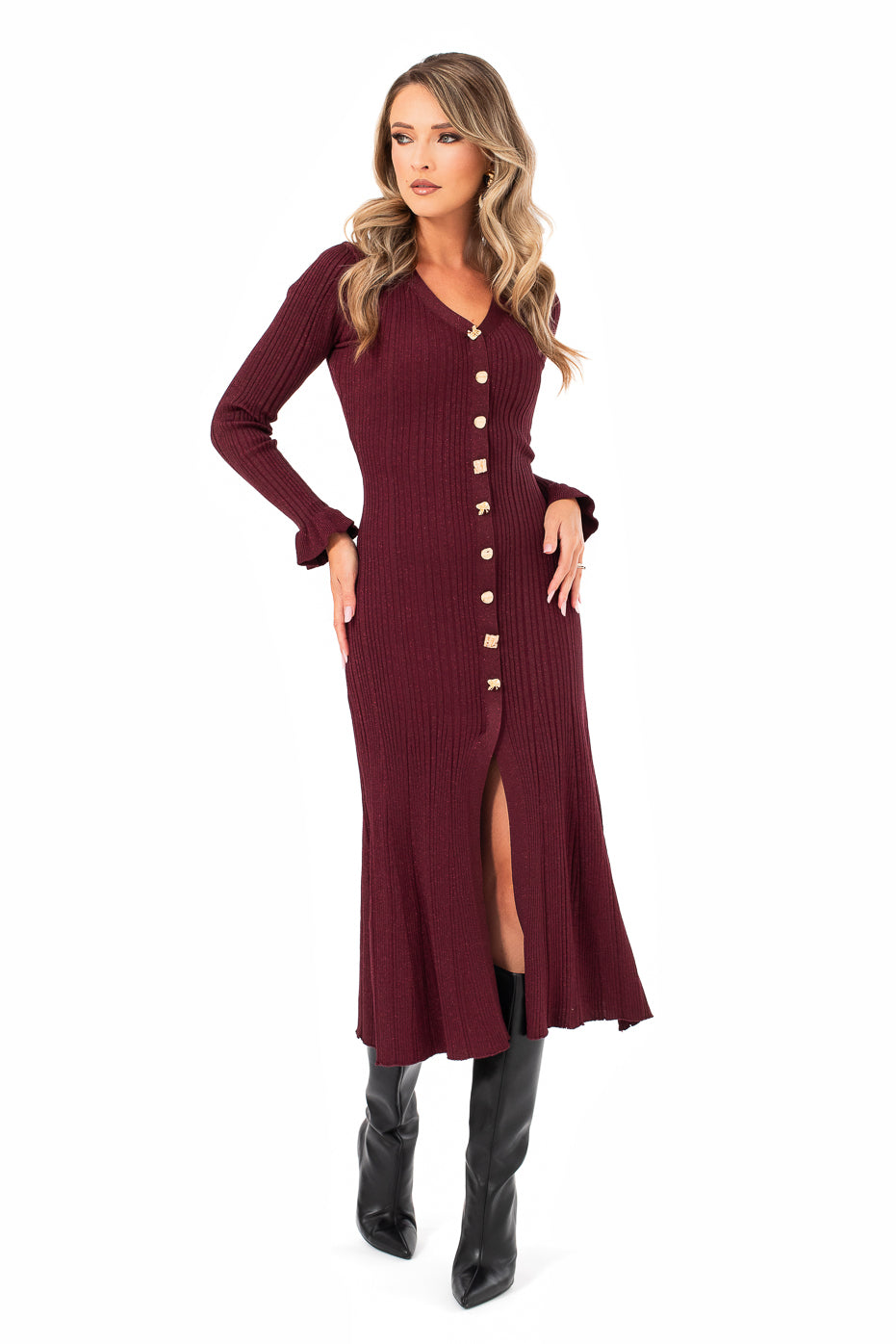 Rochie Midi Burgundy Din Tricot