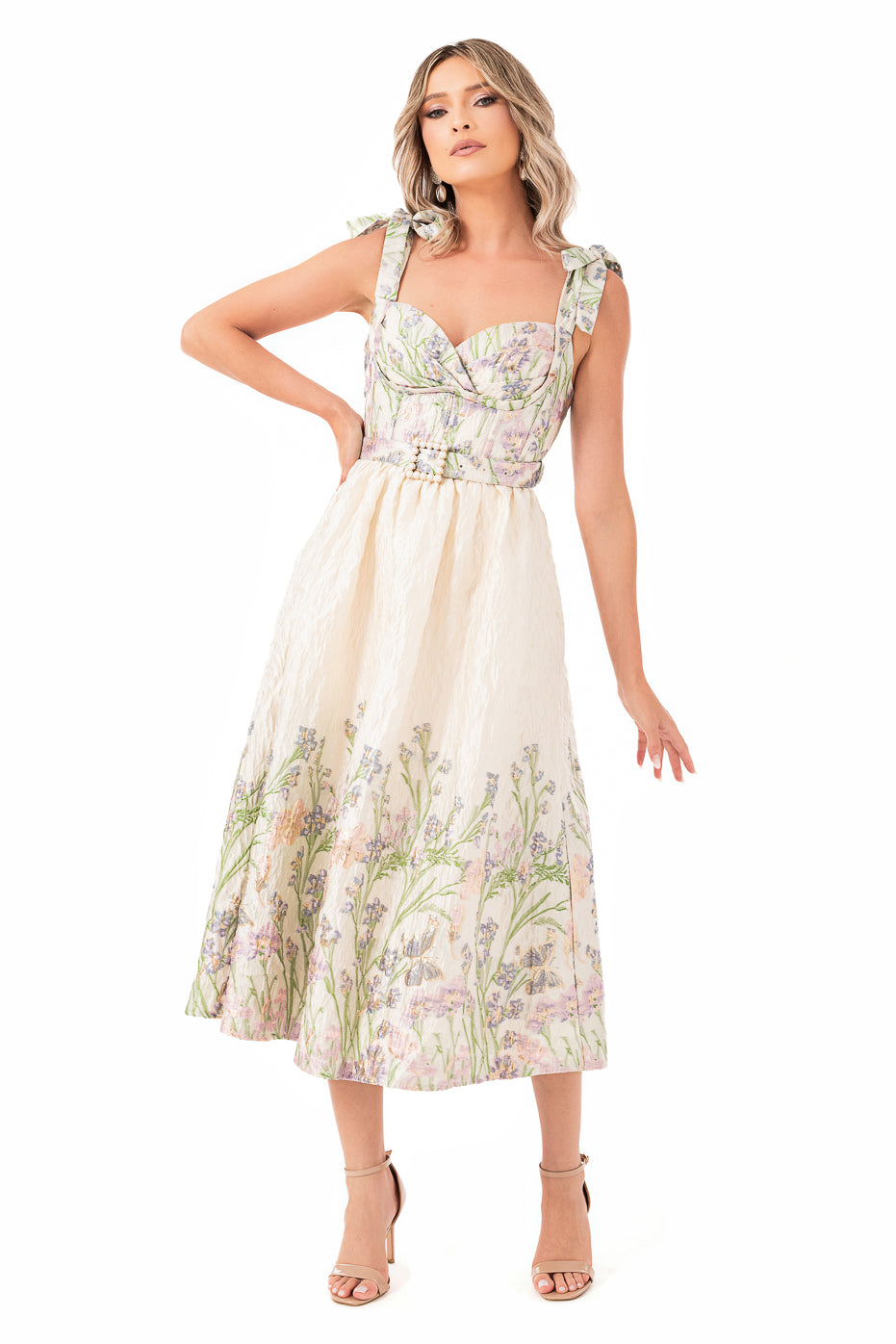 Rochie Midi din Brocard cu Insertii Aurii