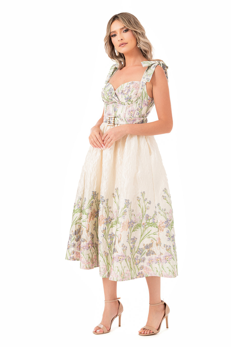 Rochie Midi din Brocard cu Insertii Aurii