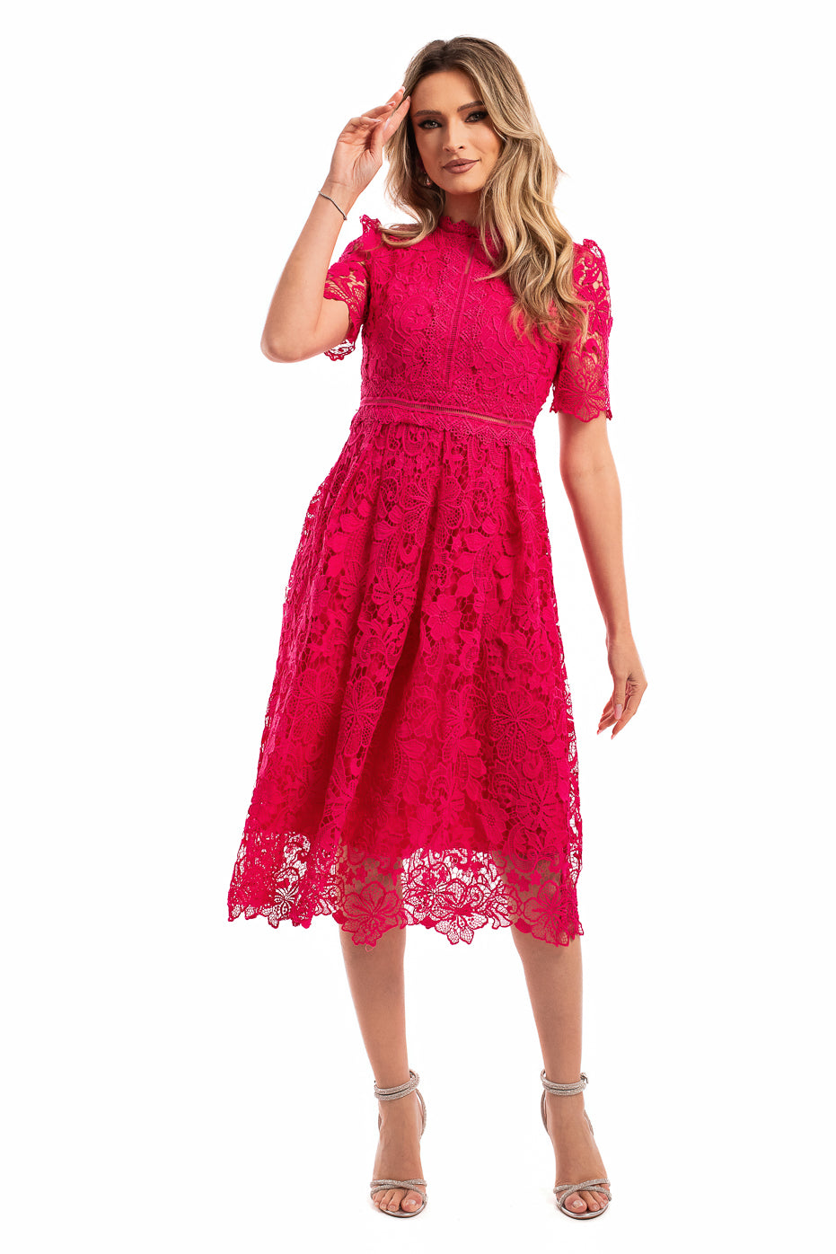 Rochie Midi din Dantela Fucsia