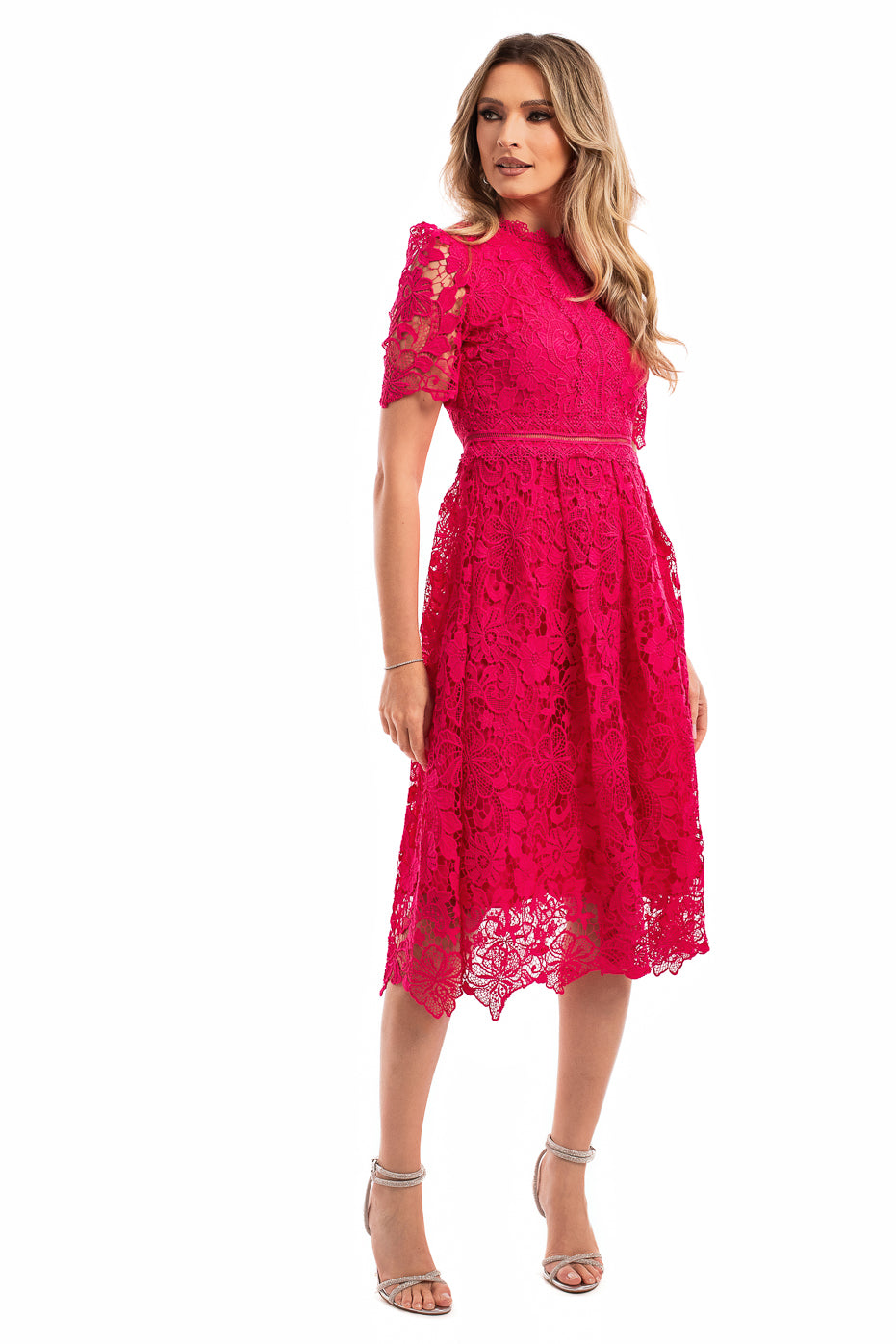 Rochie Midi din Dantela Fucsia