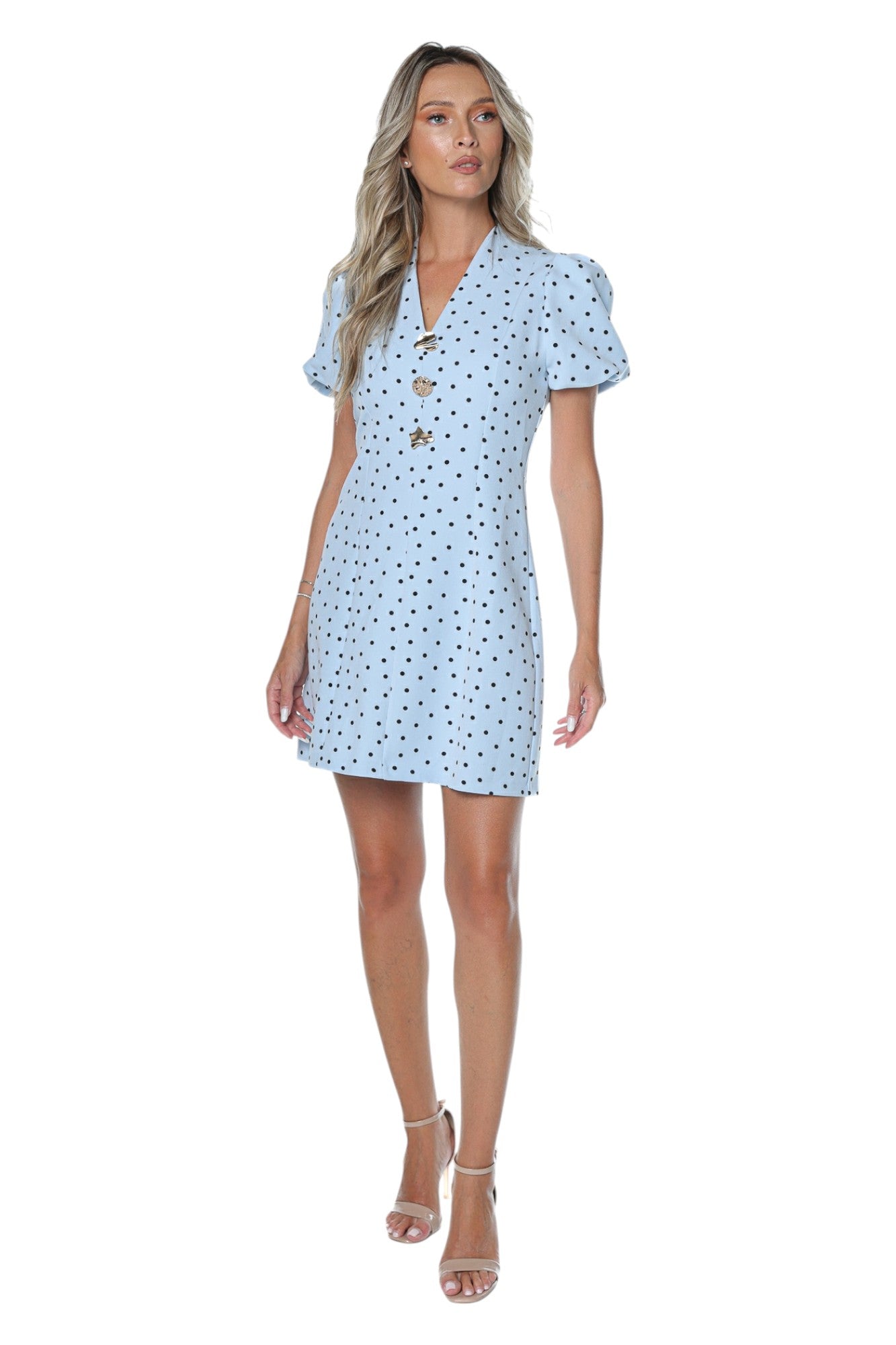 Rochie Mini cu Buline si Maneci Bufante