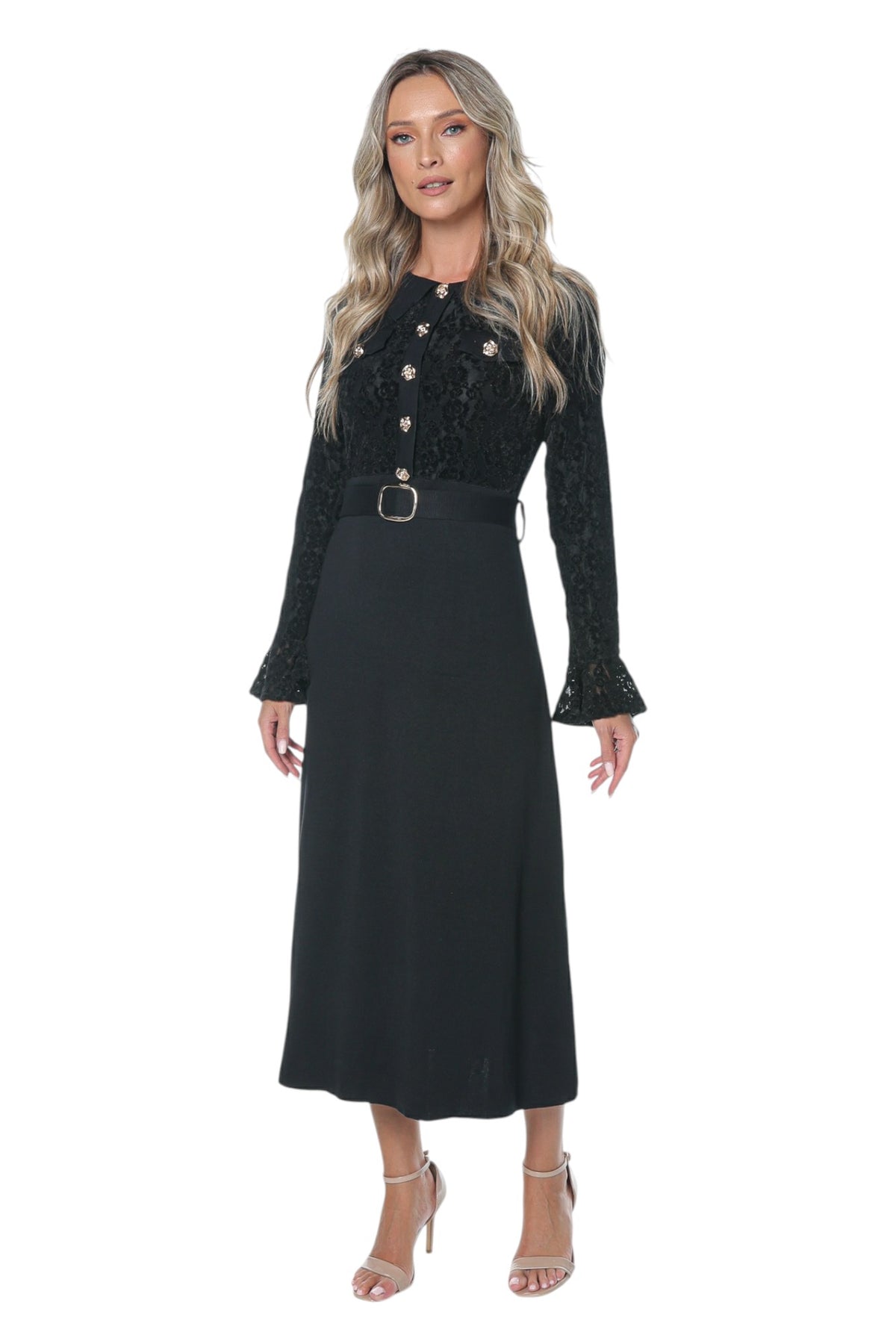 Rochie Neagra cu Bust din Broderie cu Catifea