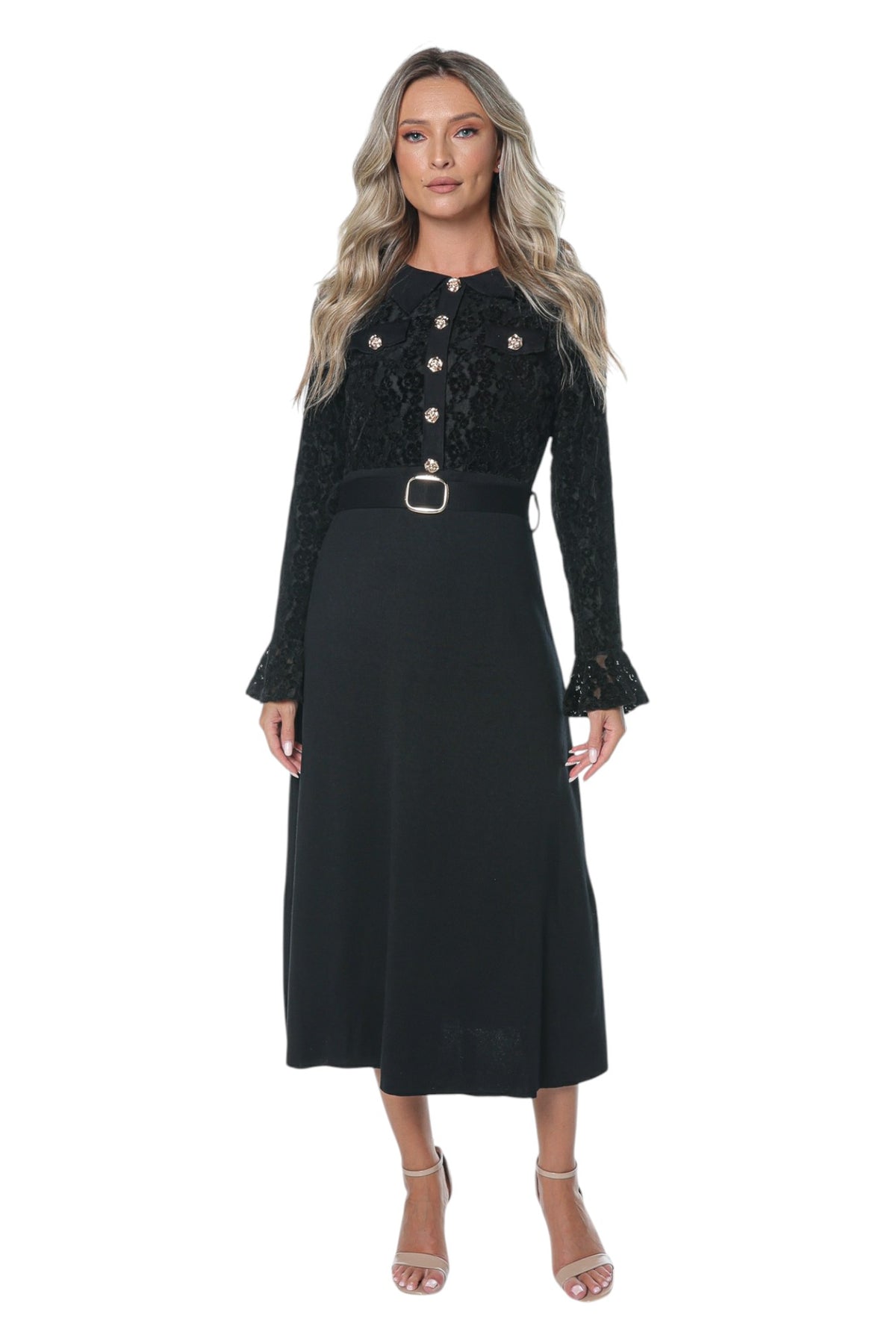 Rochie Neagra cu Bust din Broderie cu Catifea