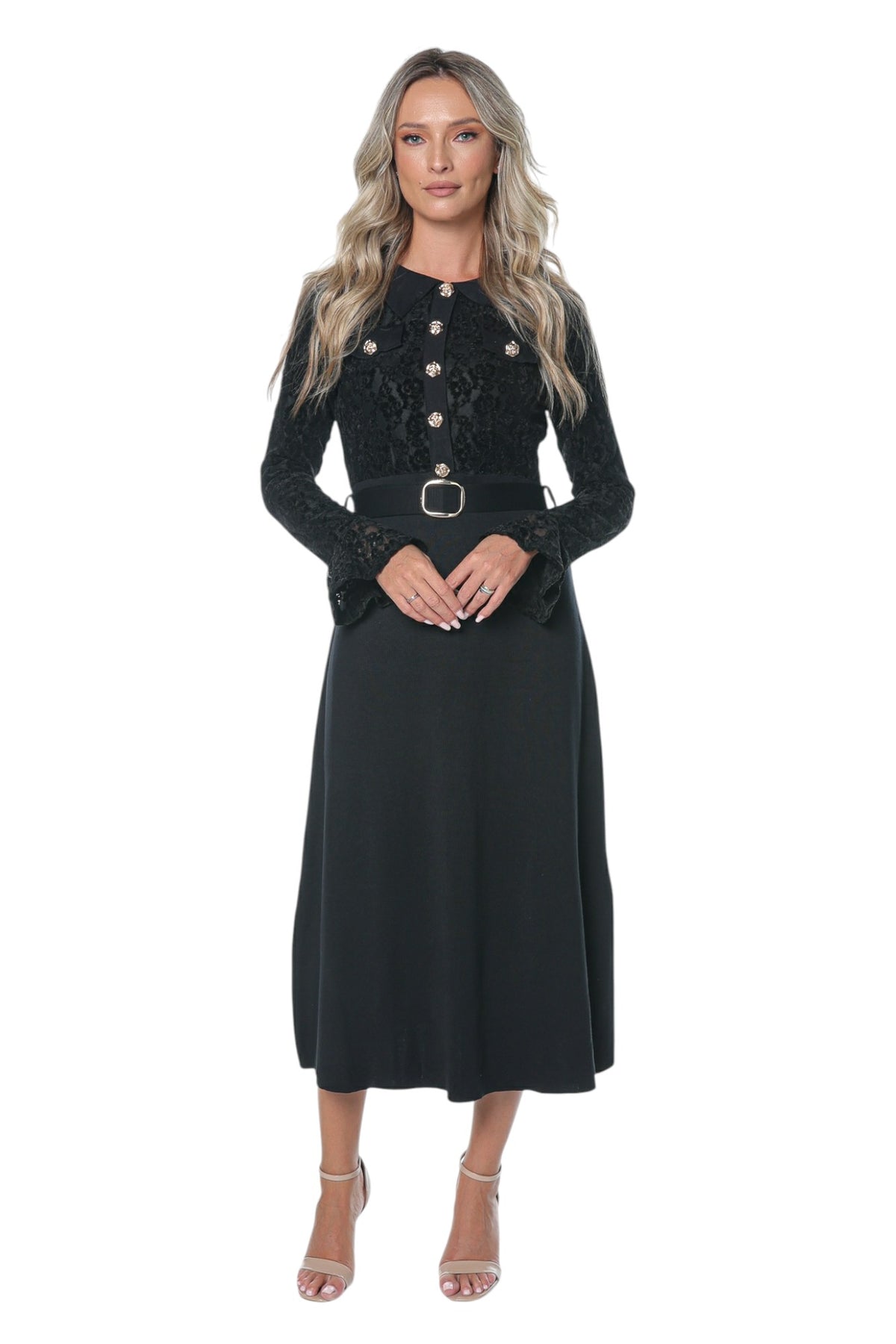 Rochie Neagra cu Bust din Broderie cu Catifea