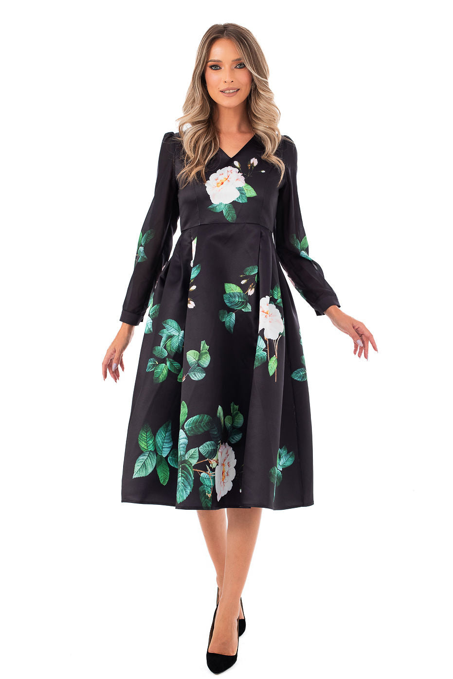 Rochie Neagra din Tafta cu Imprimeu Floral - LIMITED EDITION