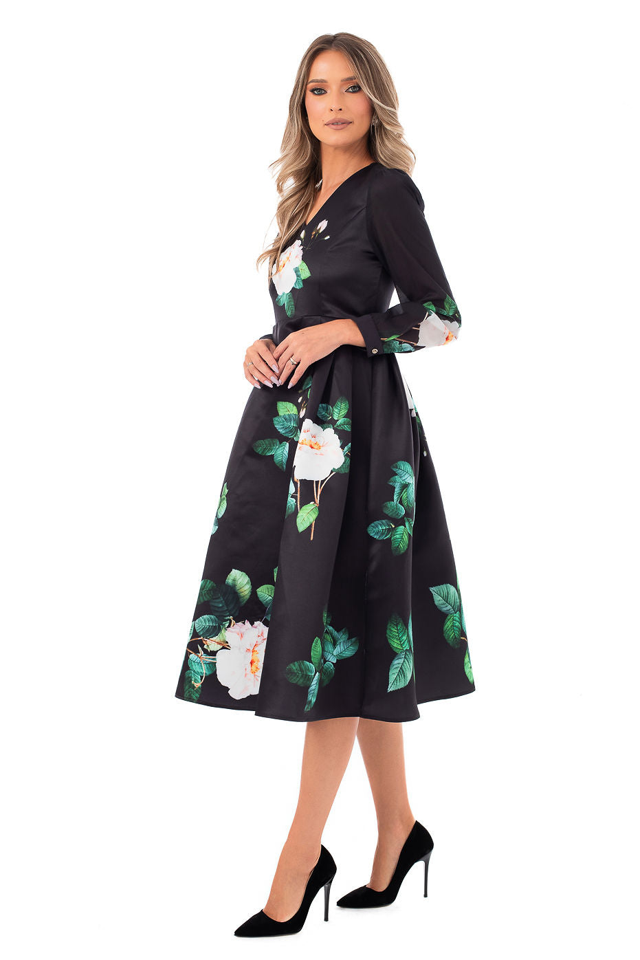 Rochie Neagra din Tafta cu Imprimeu Floral - LIMITED EDITION