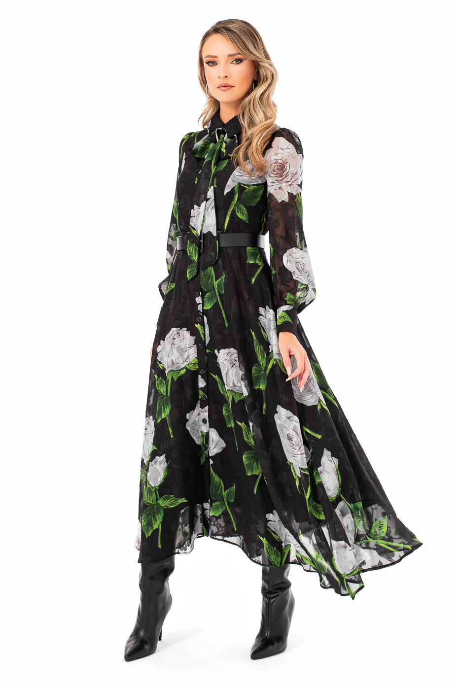 Rochie Neagra din Voal cu Insertii si Fusta Ampla