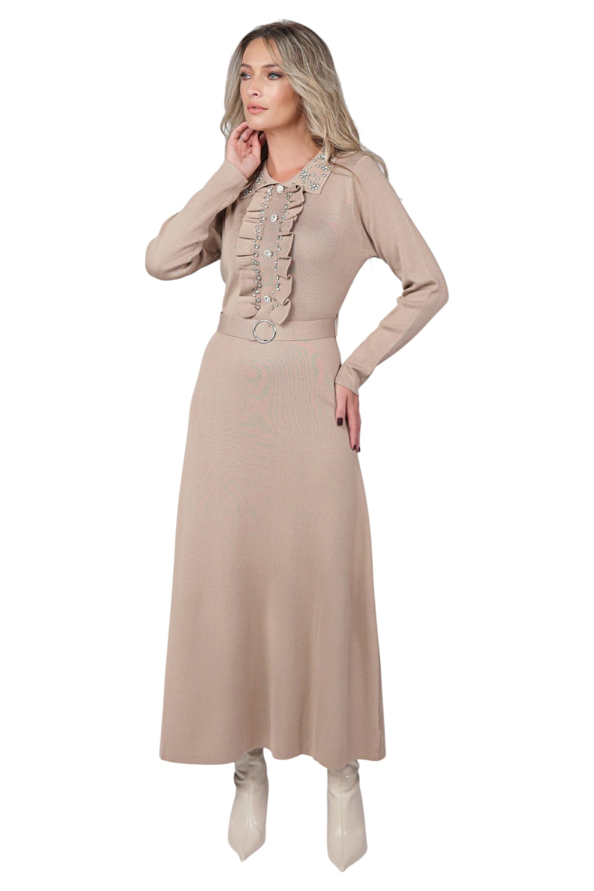 Rochie Nude cu Centura si Strasuri pe Rever