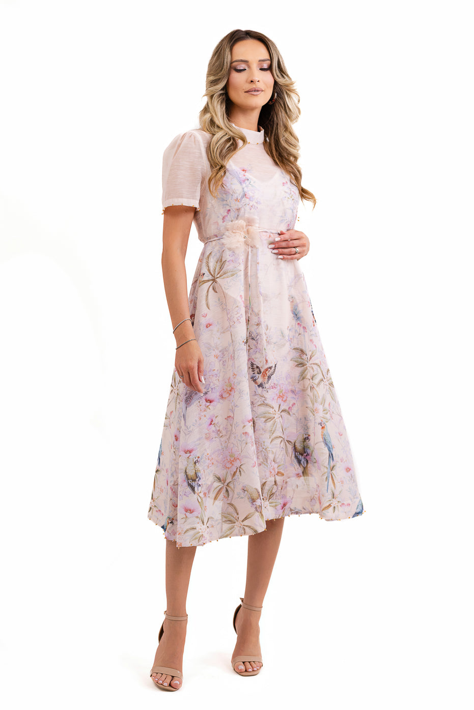Rochie Organza Imprimata Cu Maneci Scurte
