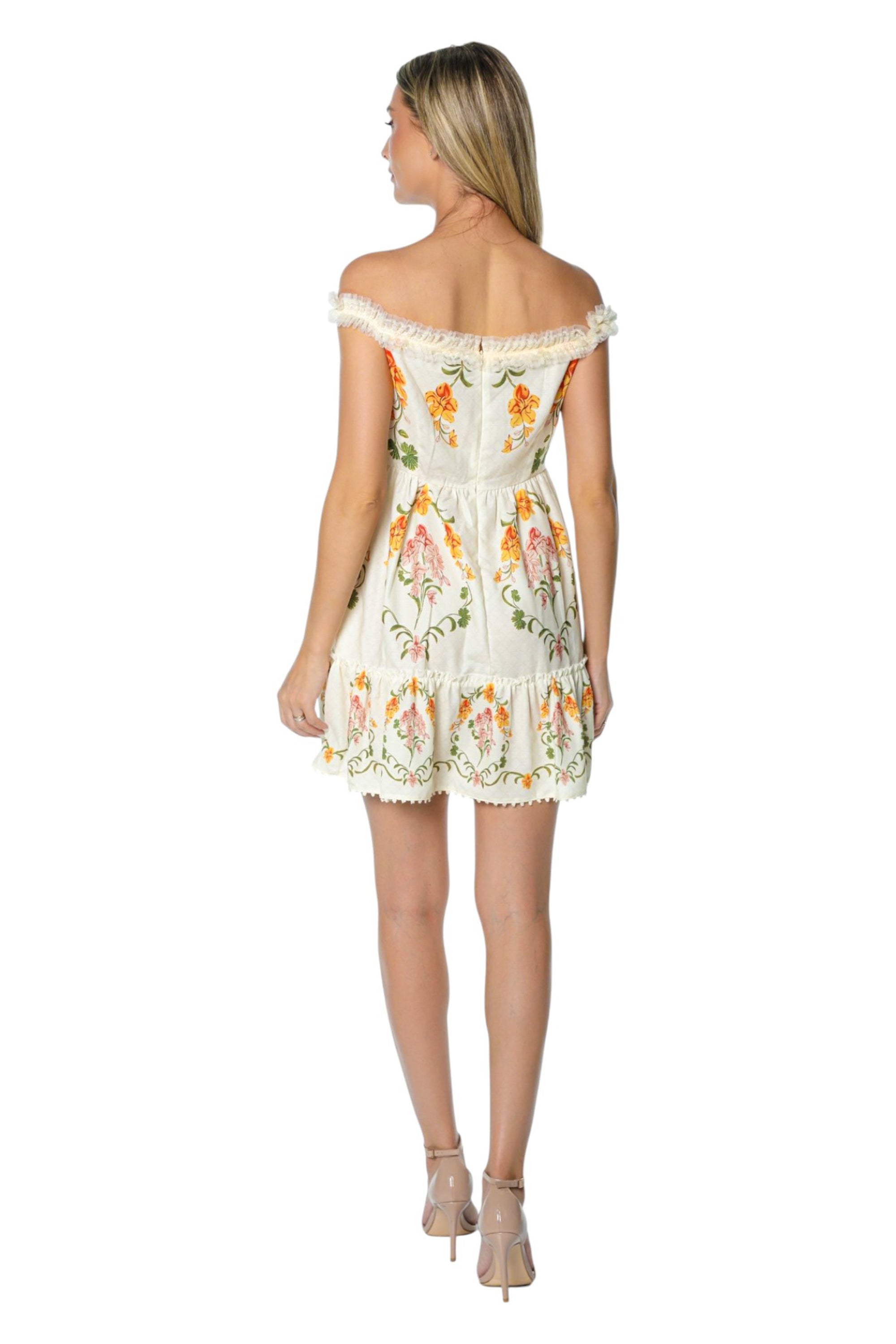 Rochie Scurta cu Imprimeu Floral si Umeri Goi