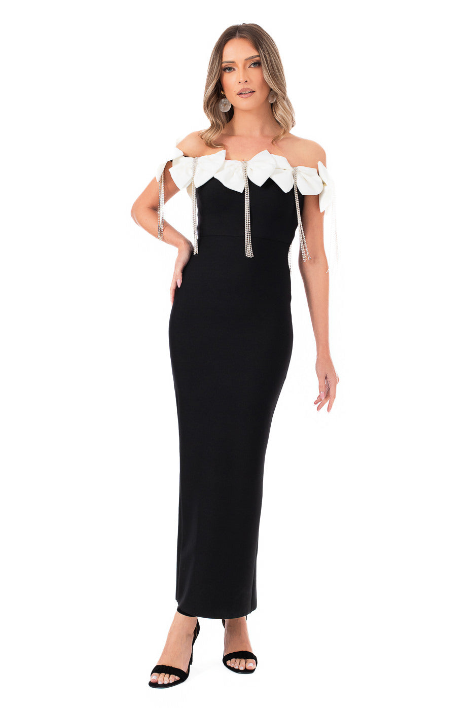 Rochie de Seara cu Fundite Albe si Strasuri