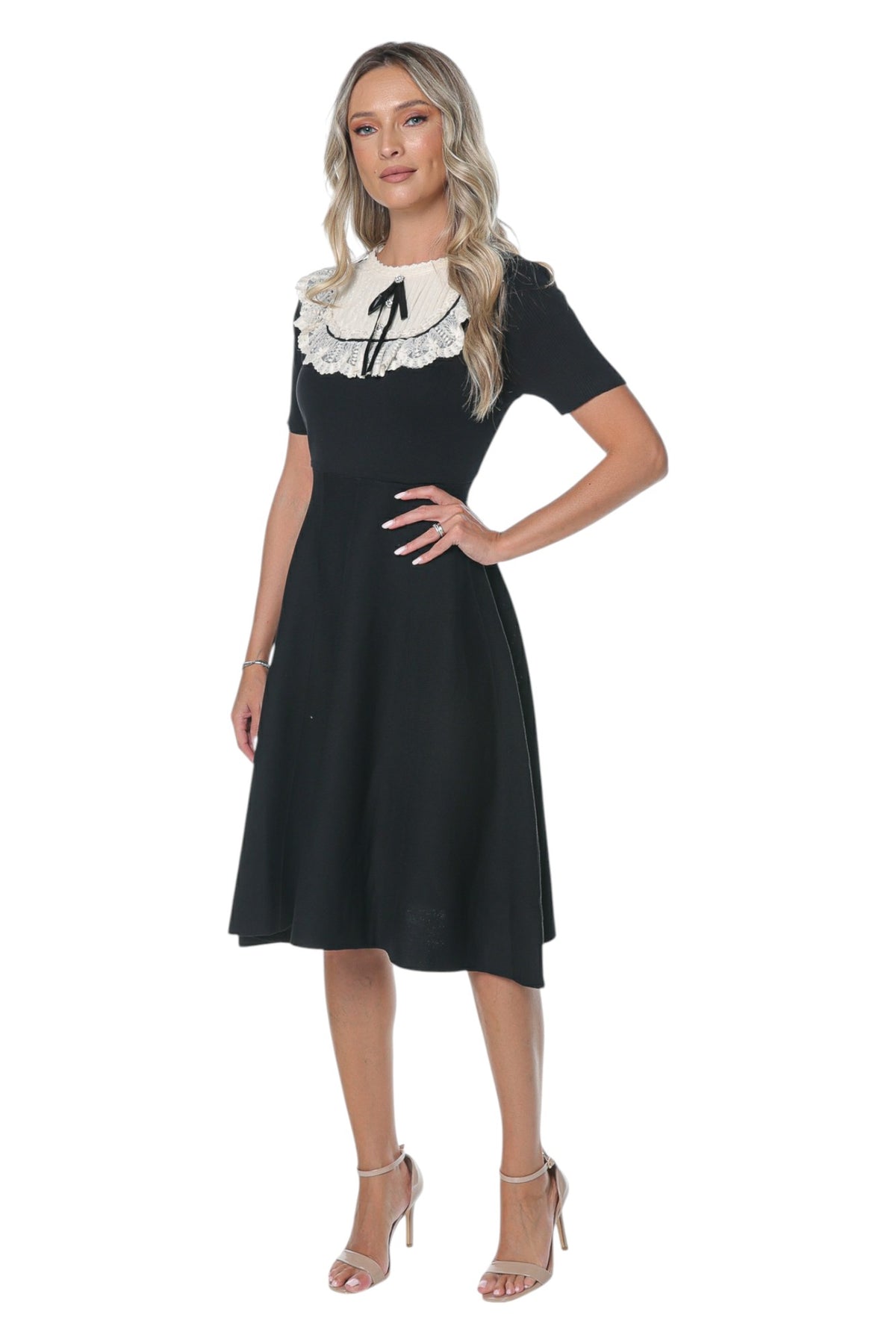 Rochie cu Maneci Scurte si Detalii din Tulle si Dantela