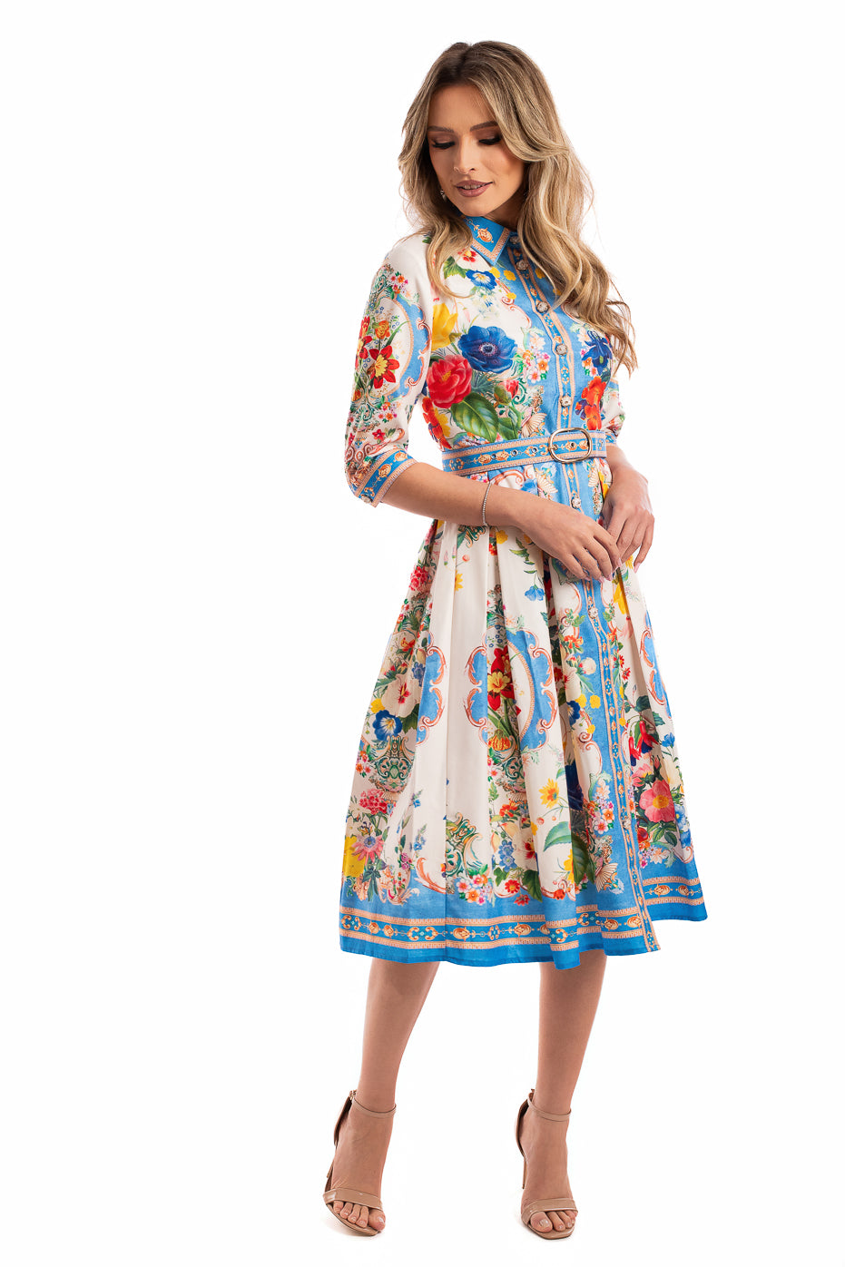 Rochie cu Print Floral si Nasturi Pretiosi