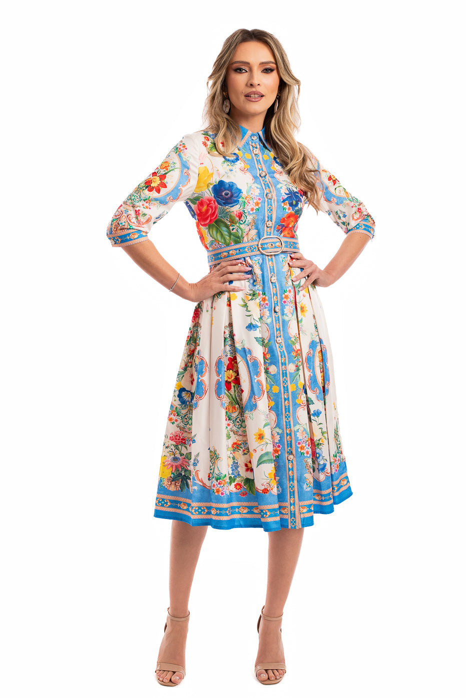 Rochie cu Print Floral si Nasturi Pretiosi