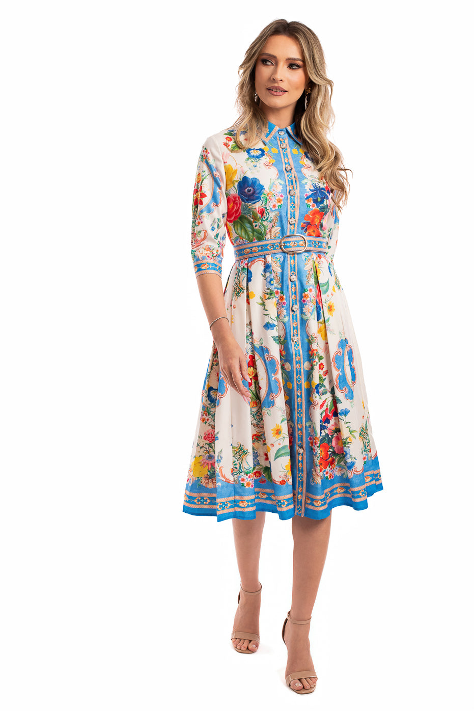 Rochie cu Print Floral si Nasturi Pretiosi