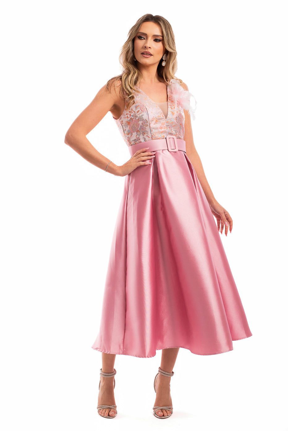 Rochie de Seara Roz cu Accesoriu tip Brosa