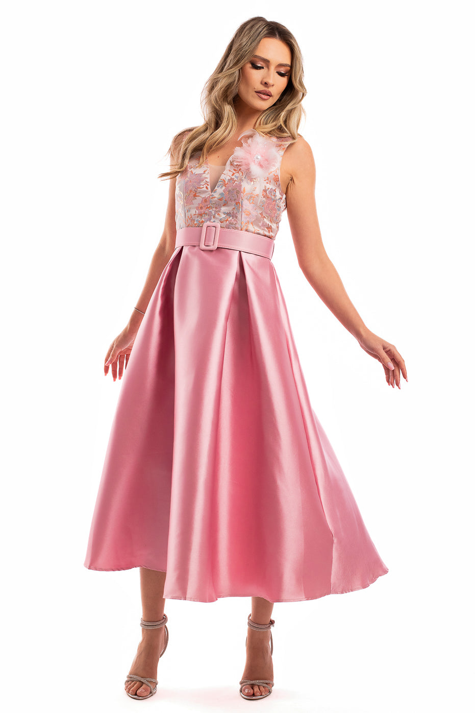 Rochie de Seara Roz cu Accesoriu tip Brosa