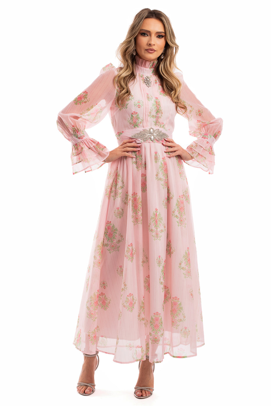 Rochie de Seara din Organza Roz cu Strasuri