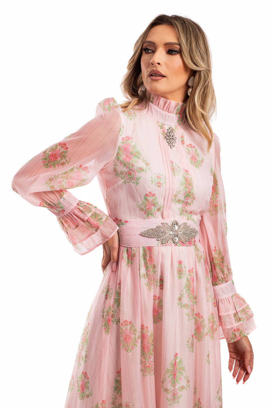 Rochie de Seara din Organza Roz cu Strasuri