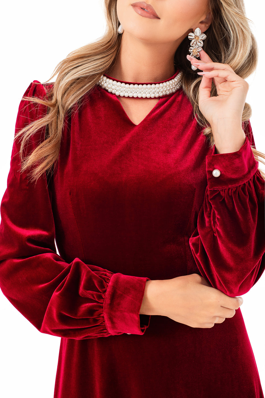 Rochie din Catifea Visinie cu Guler din Margele