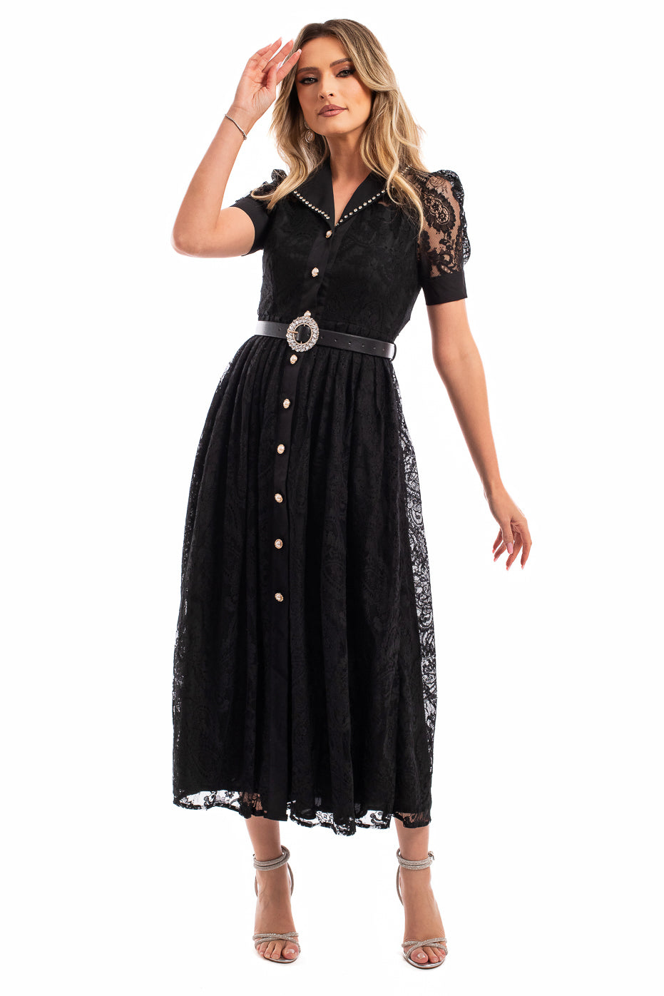 Rochie din Dantela Neagra cu Strasuri pe Revere