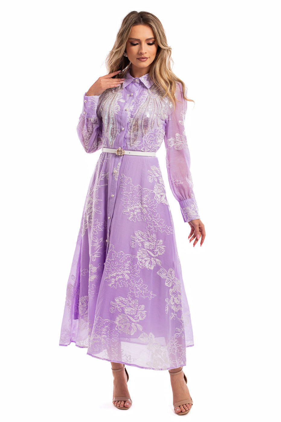 Rochie din Organza Brodata Lila cu Aplicatii