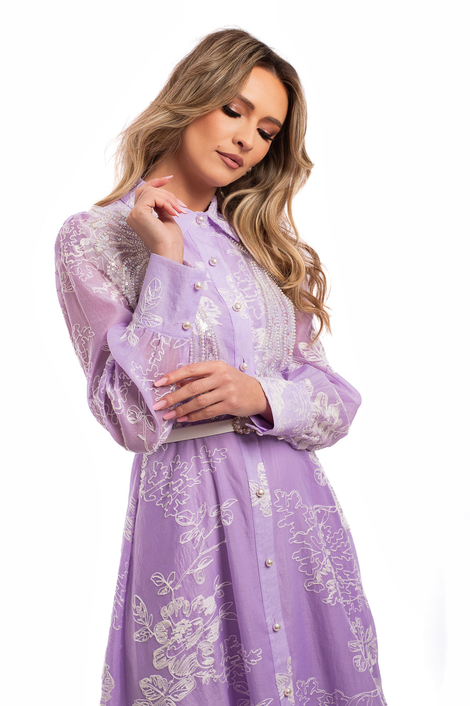 Rochie din Organza Brodata Lila cu Aplicatii