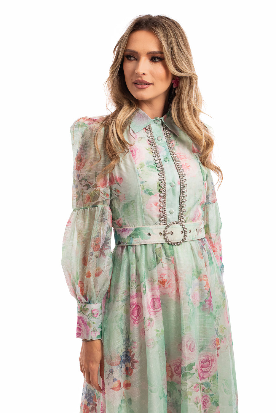 Rochie din Organza cu Print si Strasuri