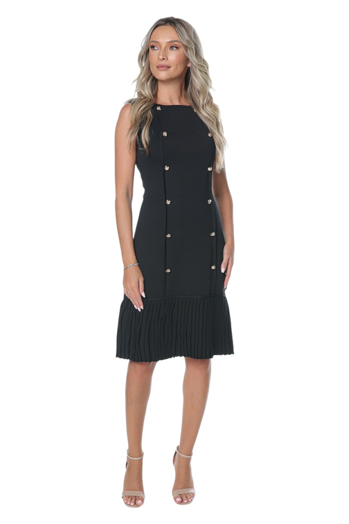Rochie din Tricot Negru cu Nasturi Decorativi
