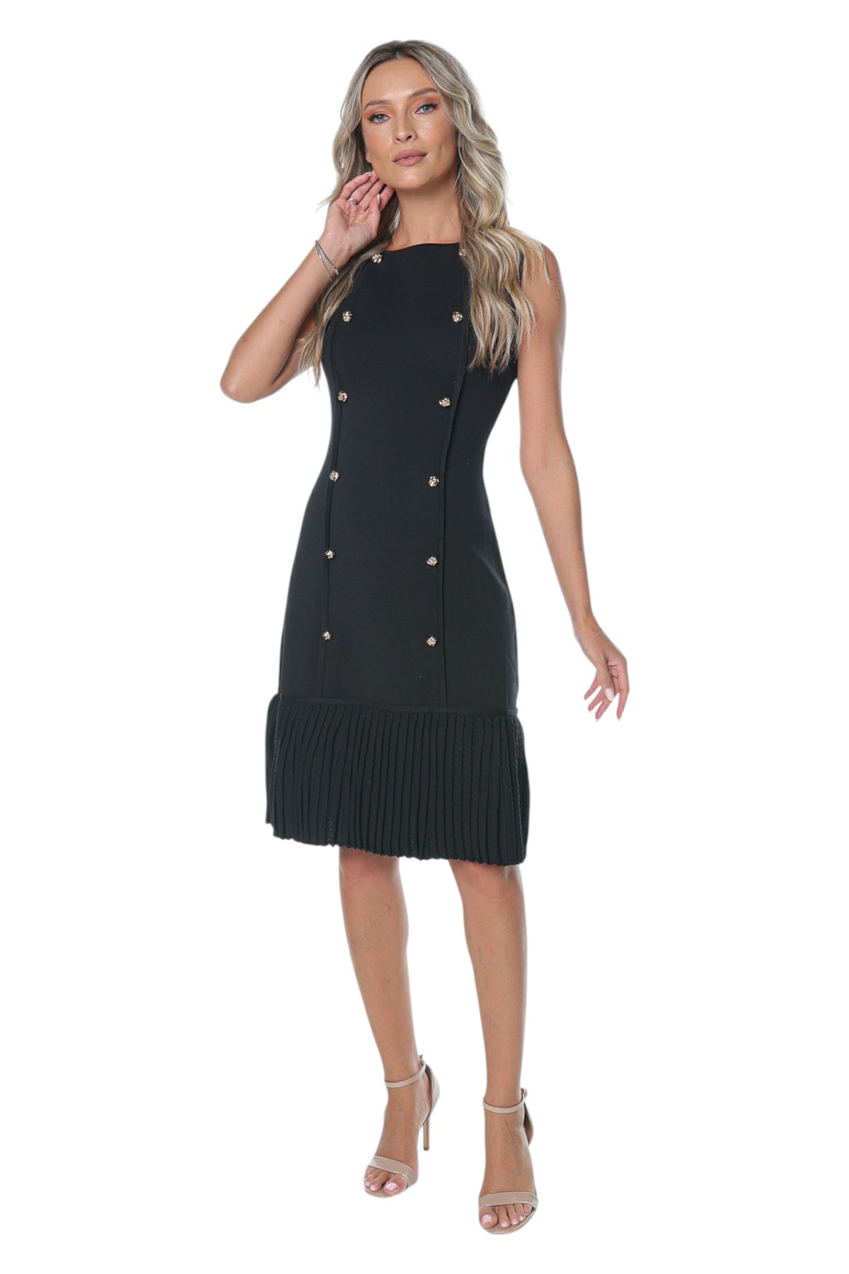 Rochie din Tricot Negru cu Nasturi Decorativi