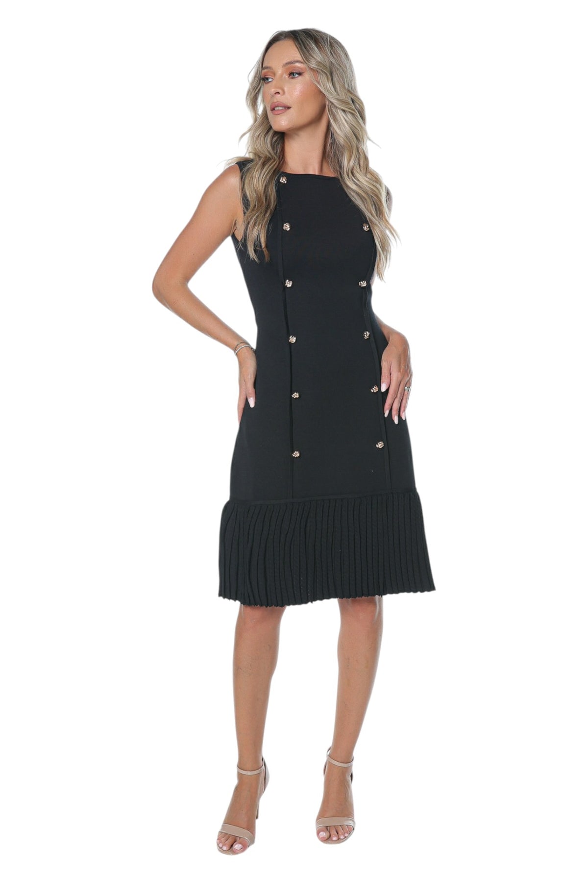 Rochie din Tricot Negru cu Nasturi Decorativi