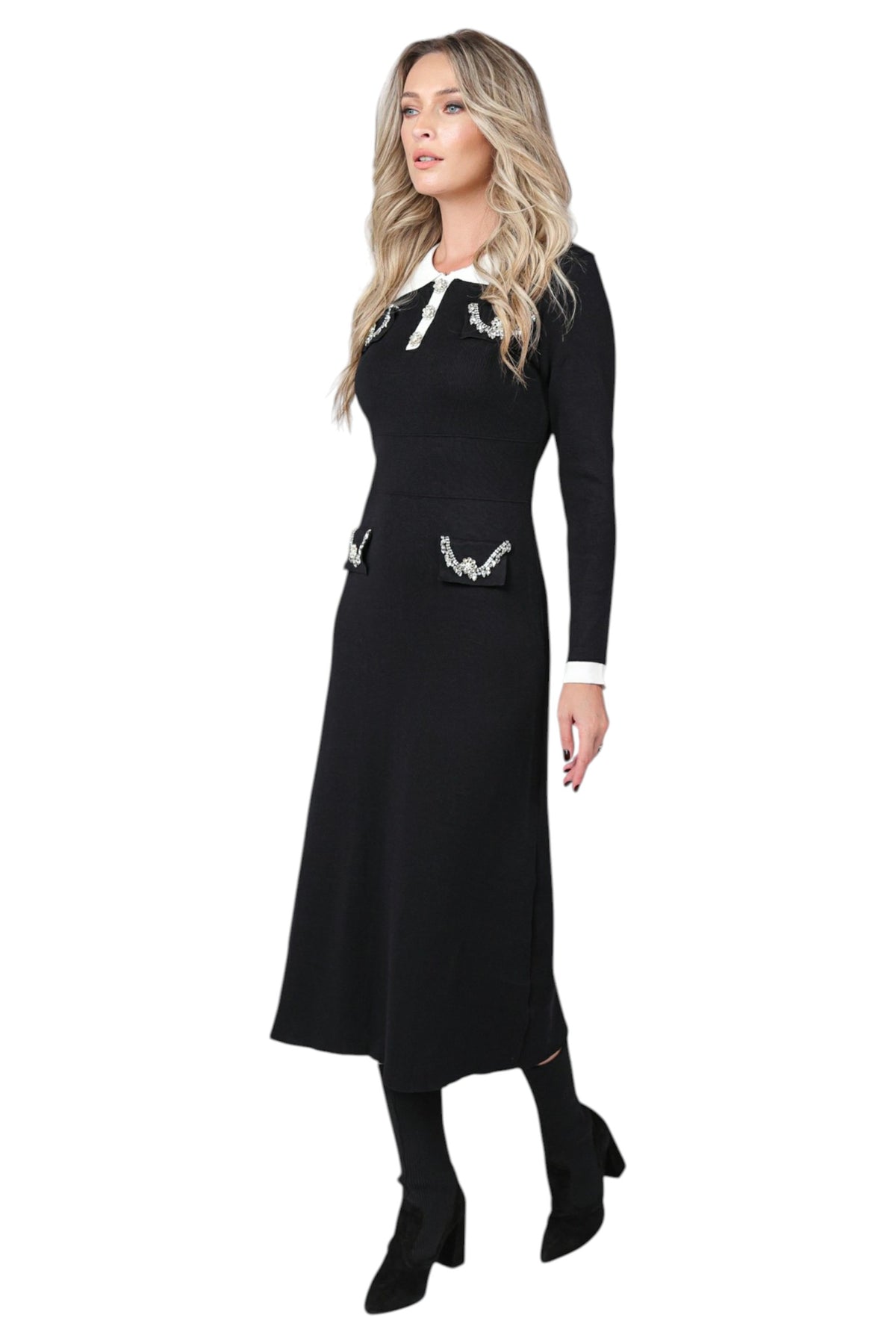 Rochie din Tricot Negru cu Strasuri
