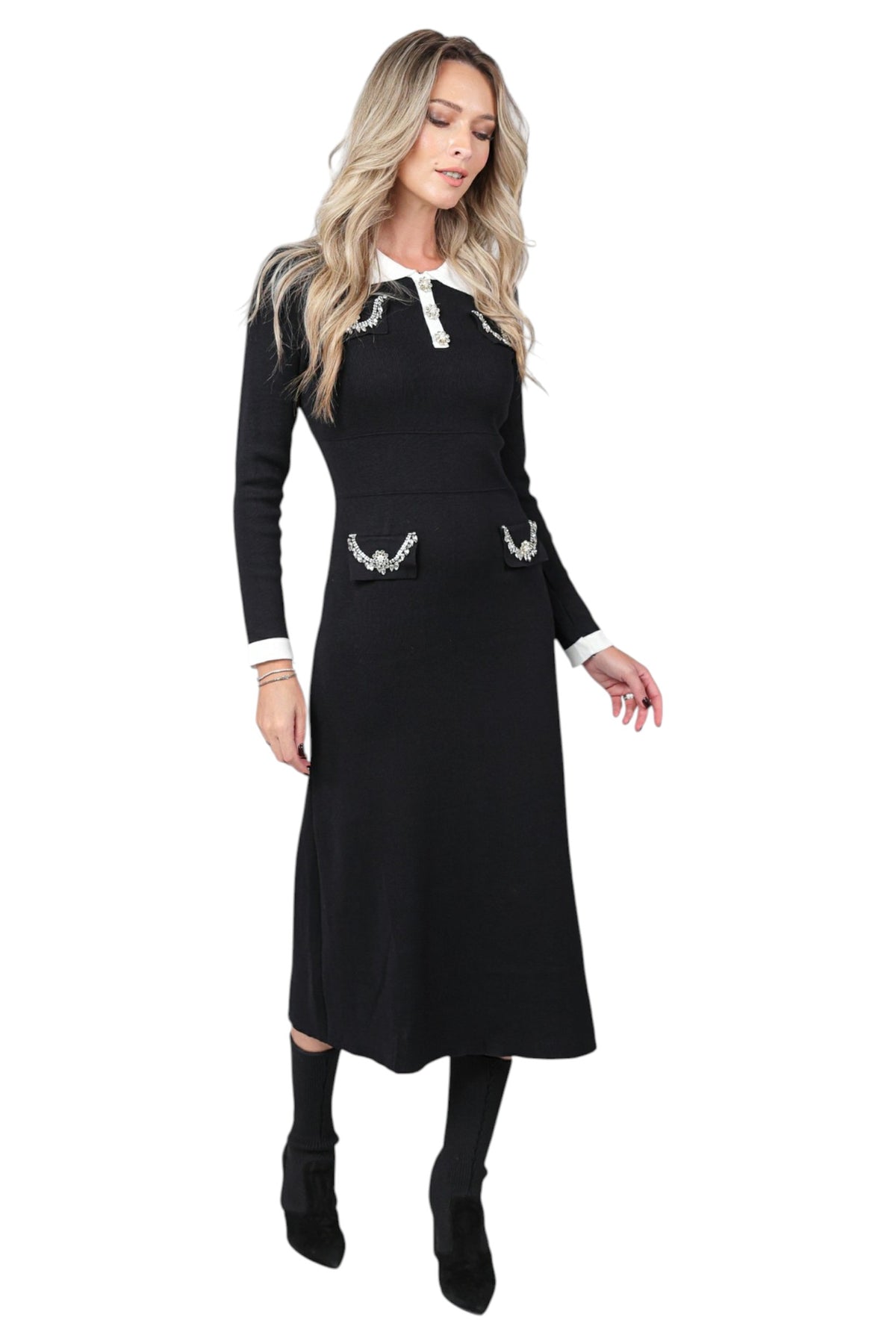 Rochie din Tricot Negru cu Strasuri