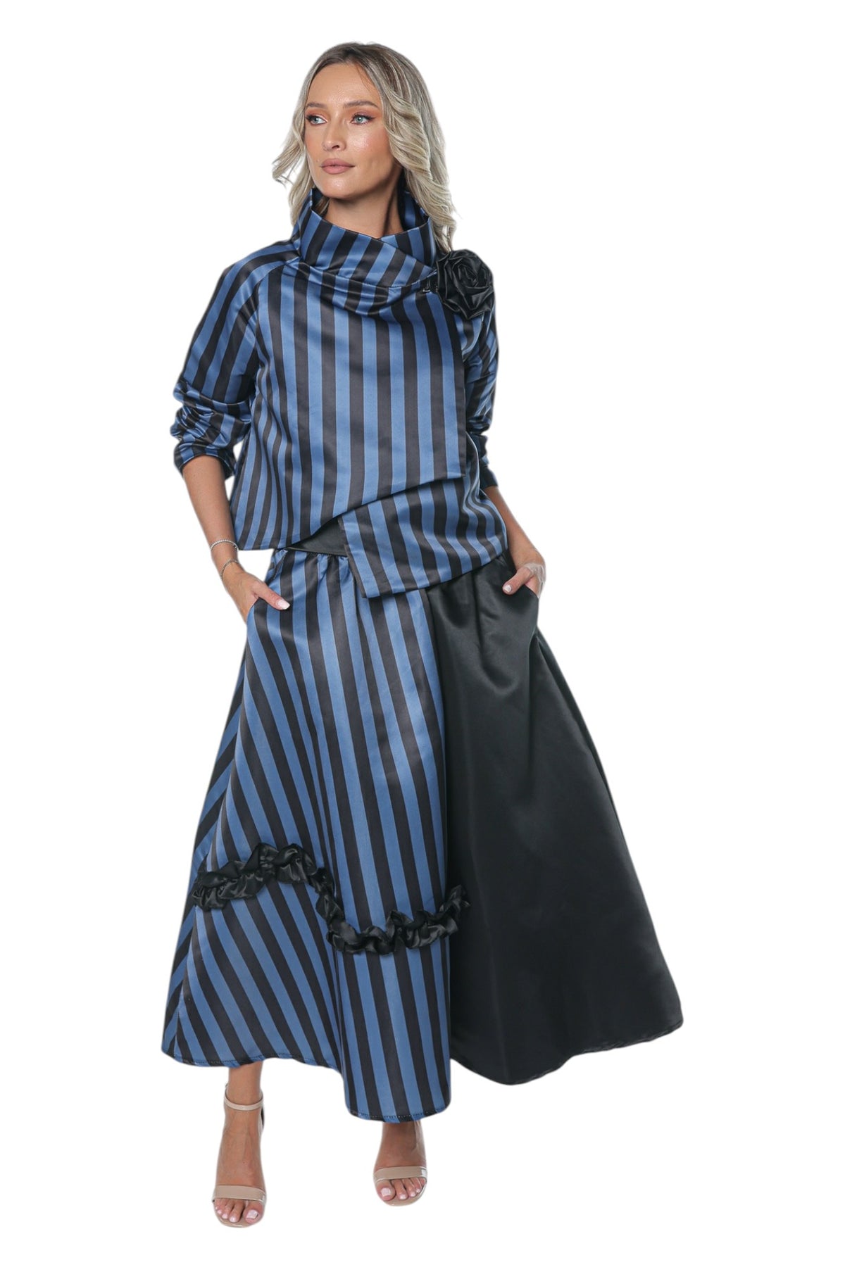 Set Elegant din Tafta cu Dungi Albastre