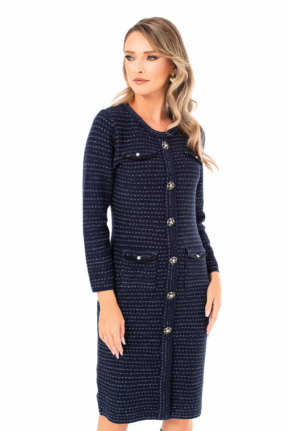 Rochie Midi cu Buzunare si Nasturi din Strasuri