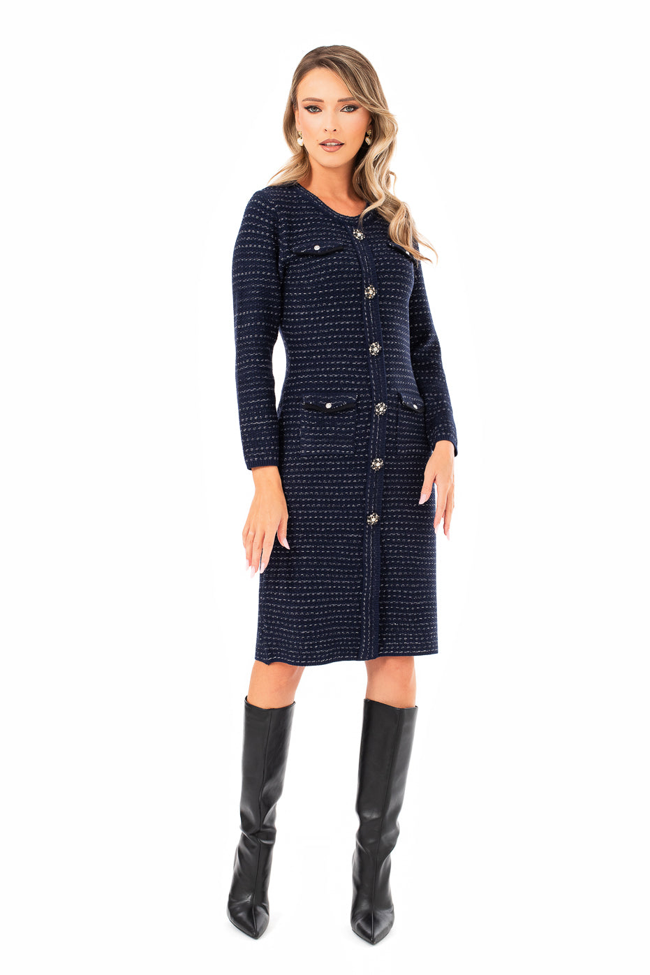 Rochie Midi cu Buzunare si Nasturi din Strasuri