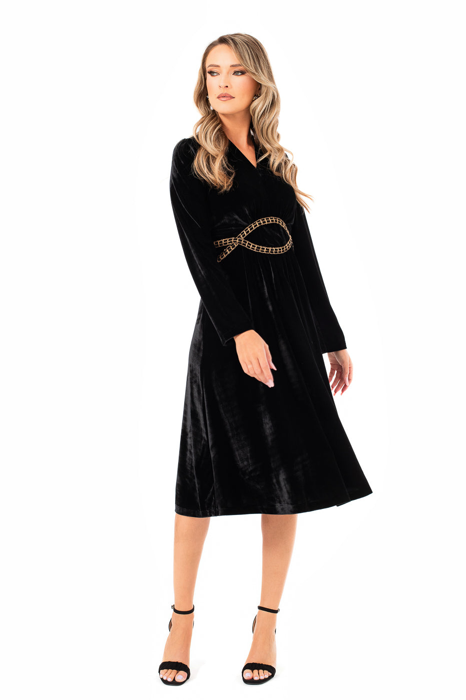 Rochie Neagra din Catifea cu Detalii Aurii